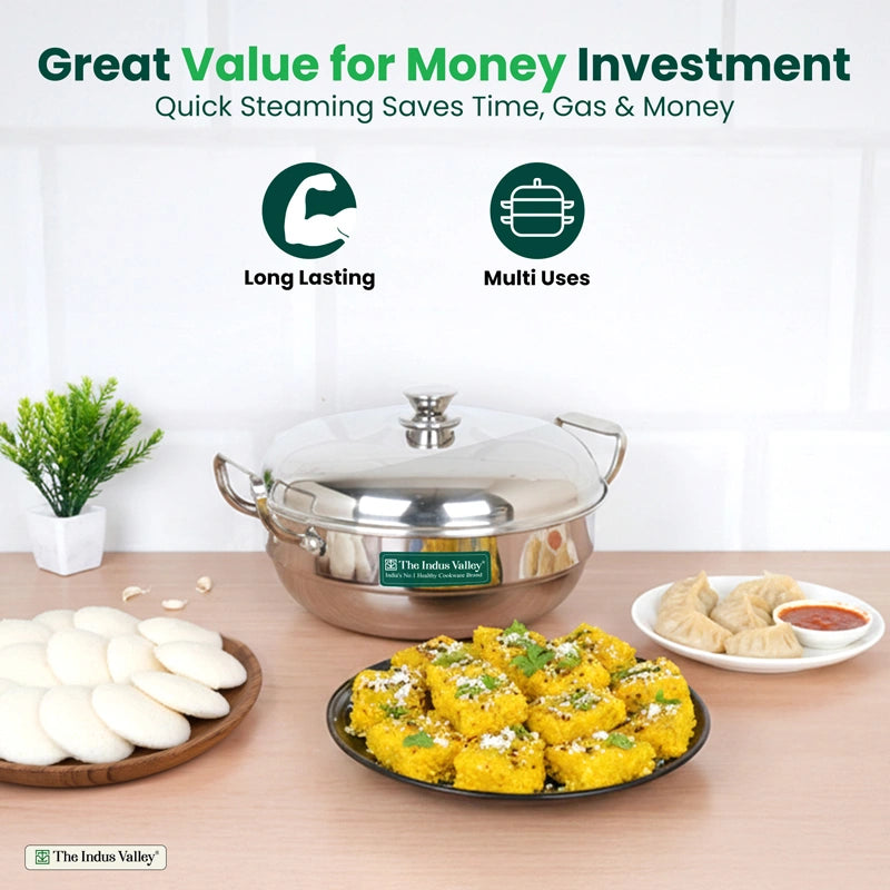 14 Pit Premium Tri-ply Stainless Steel multipot with 1 mini idli plate, Idli/ Momo Maker/ Veg Steaming Set, Tri-ply Induction and gas friendly, 6 Plates