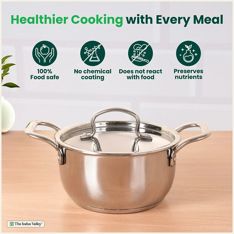 Tri-ply Stainless Steel Biryani Pot/ Casserole/ Sauce Pot with Steel Lid 2.3L Premium Quality, 3 Layer Thick Body and 5-ply Bottom, 100% Toxin-free, Non-stick, Induction & Gas 18cm