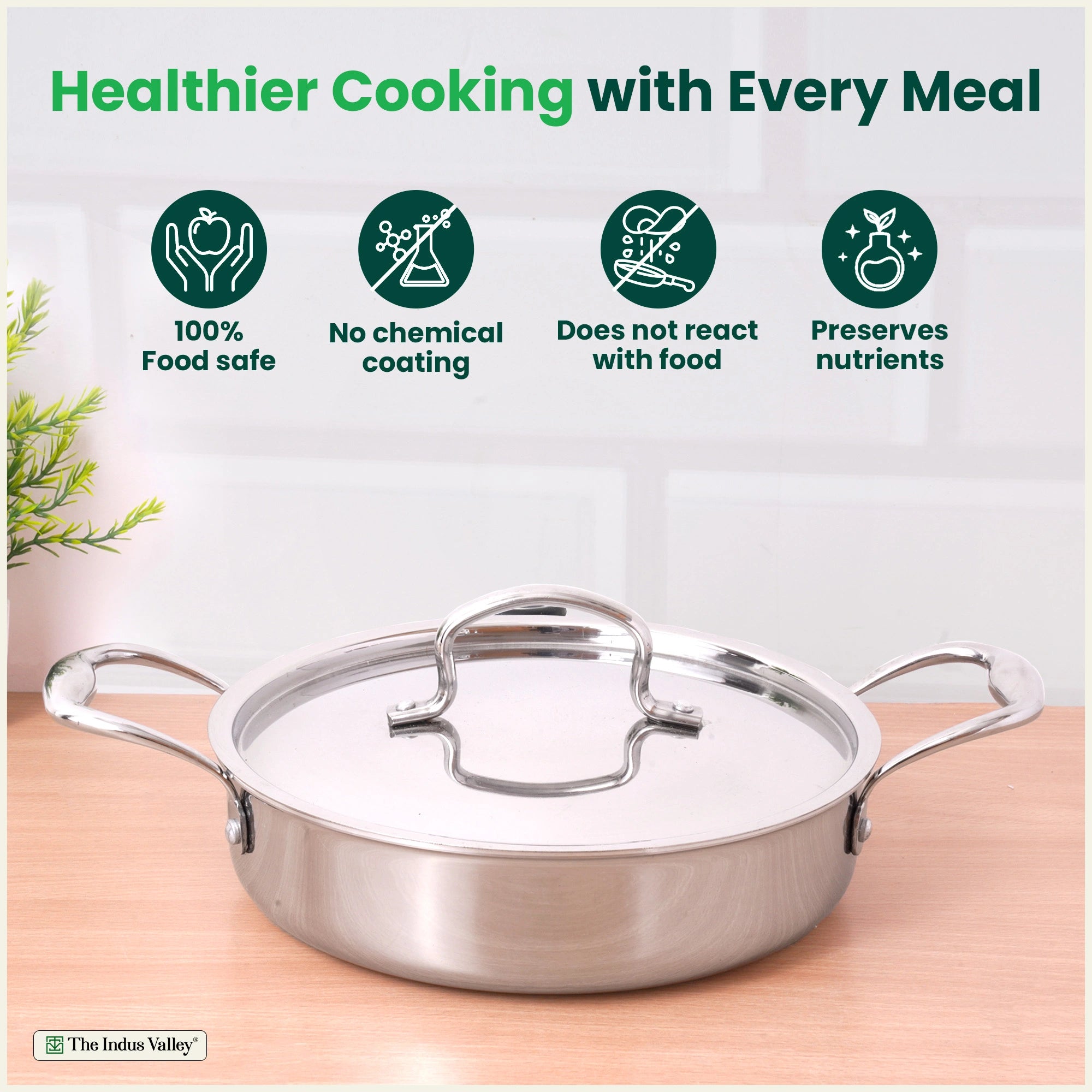 Tri-ply Stainless Steel Saute Pan 22cm 2L | No Sticking, No Burning | With Steel Lid | Fast Heating, Healthy Cooking | Induction Safe