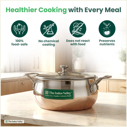 TurboCuk Tri-ply Biryani Cooking Pot/Casserole+ Glass Lid 2L, Wide Handi Shape, Premium Quality, 3 Layer Thick Body, 100% Toxin-free, Non-stick, Induction & Gas