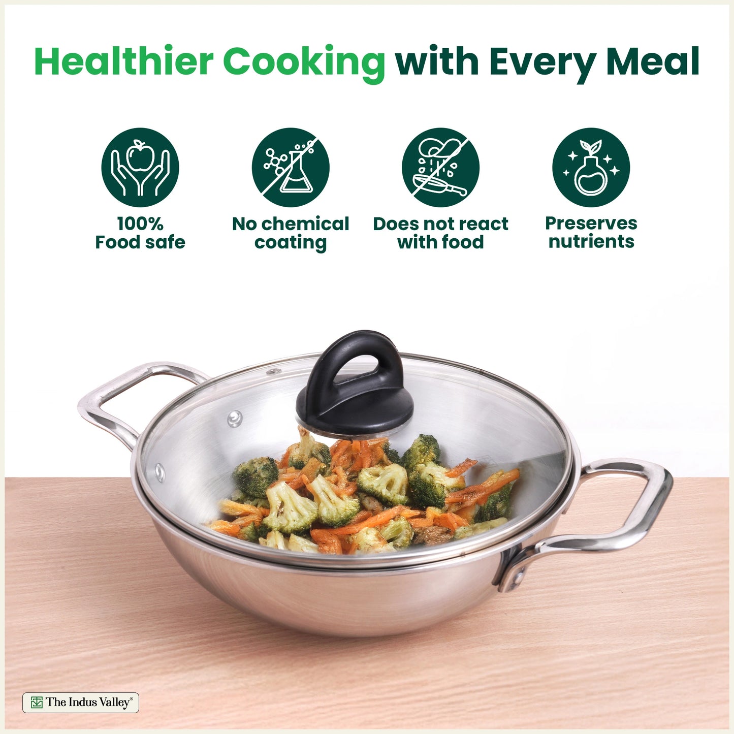 TurboCuk Tri-ply Stainless Steel Kadai+ Glass Lid, Premium Quality, 3 Layer Thick Body, 100% Toxin-free, Non-stick, Induction & Gas, 1.7/2.7/4L