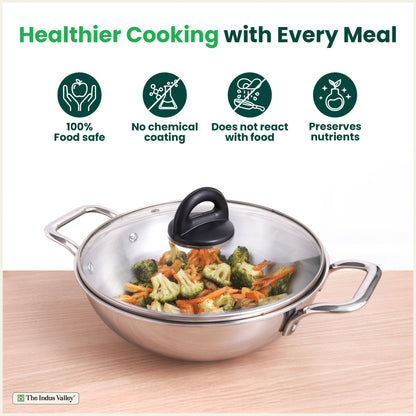 TurboCuk Tri-ply Stainless Steel Kadai+ Glass Lid, Premium Quality, 3 Layer Thick Body, 100% Toxin-free, Non-stick, Induction & Gas, 1.7/2.7/4L