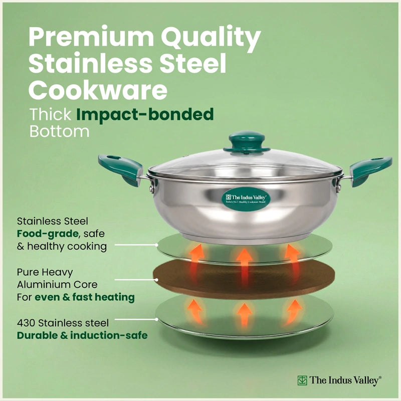Premium Stainless Steel Impact Bonded Kadai with Glass Lid | 3-Layer Bottom | Induction & Gas Compatible | 22cm / 24cm / 26cm