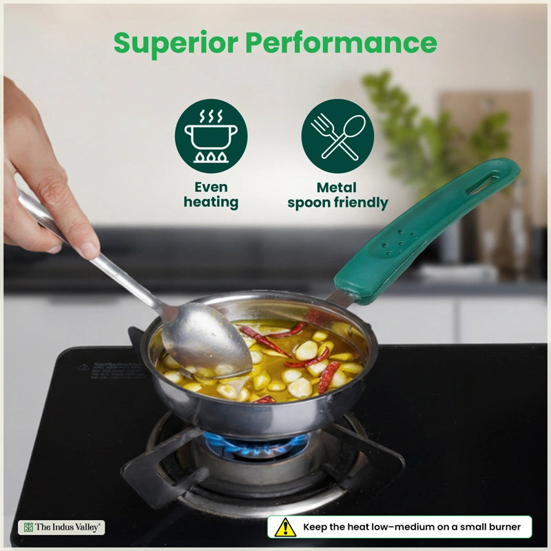 Tri-Steel Stainless Steel Tadka Pan 13 cm, Premium Quality, Tri-ply Bottom, Soft-touch Handle, 100% Toxin-free, Non-stick, Induction & Gas