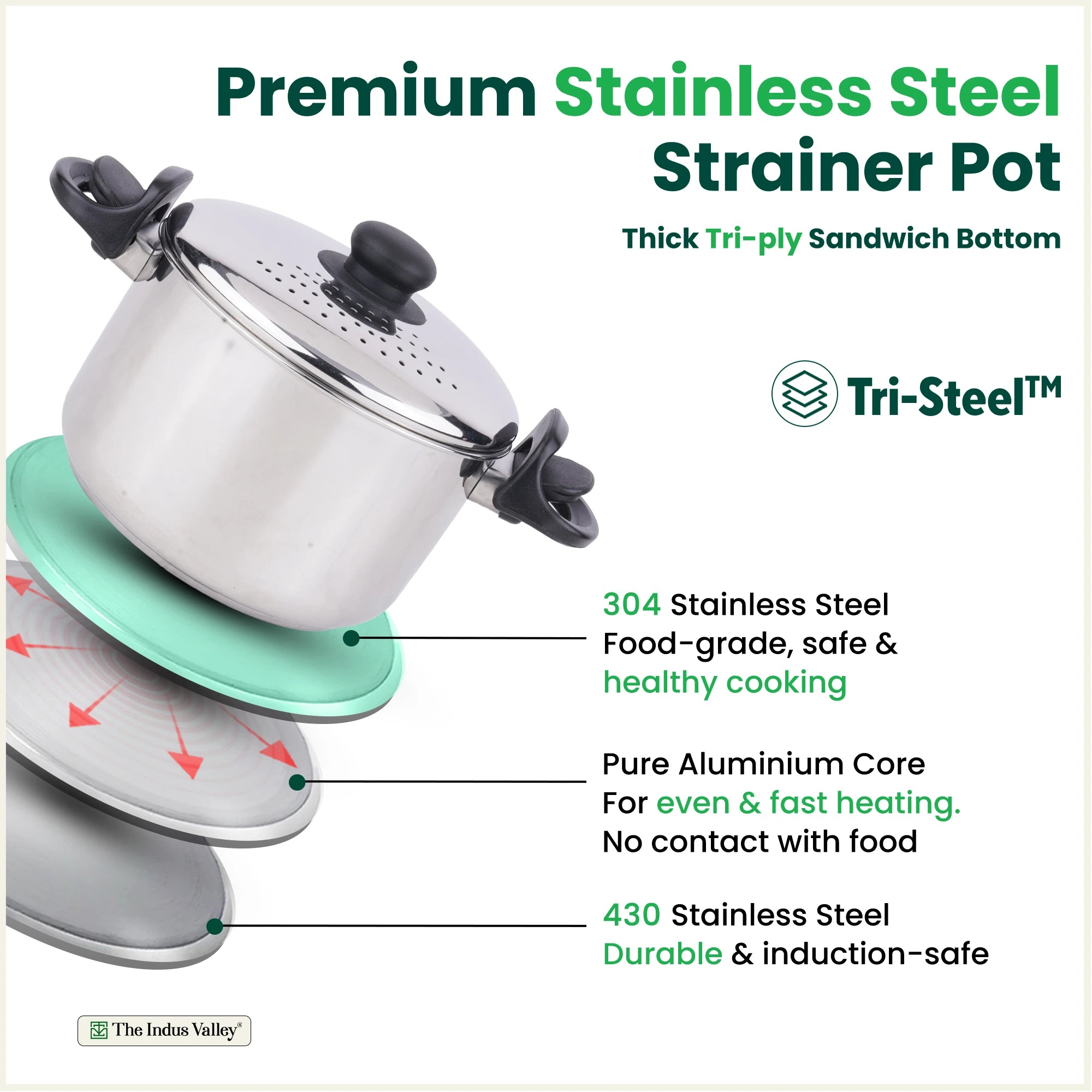Premium Stainless Steel Rice Pot with Strainer Lid & Lock free Bakelite Handles 2.5/3.5L/5L, Tri-ply 3-Layer Heavy Bottom | Noodle/Pasta/Corn/Soya/Veggies Boiler Pot, Steamer Cooker, Induction & Gas