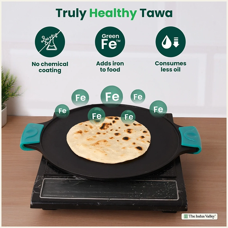 CASTrong Cast Iron Double Handle Tawa 30.2 cm with Silicon Handle, Pre-seasoned, Naturally Nonstick, 100% Pure, Toxin-free, Dosa Tawa for Kitchen Use 2.4 kg, Induction and Gas