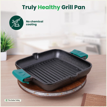 CASTrong Cast Iron Double Handle Grill Pan with Silicon Handle, Pre-seasoned, Naturally Nonstick, 100% Pure, Toxin-free Grill Pan for Kitchen Use, 10.4 In/26.5 cm/2 kg