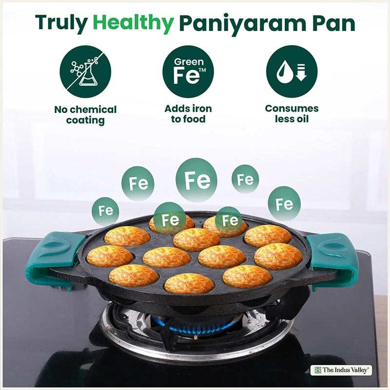 12 Pit/Cup CASTrong Cast Iron Paniyaram/Appe Pan 20.8 cm, Pre-seasoned, with Double Handle Silicone Grip,Toxin-free 2.2 kg, Induction & Gas