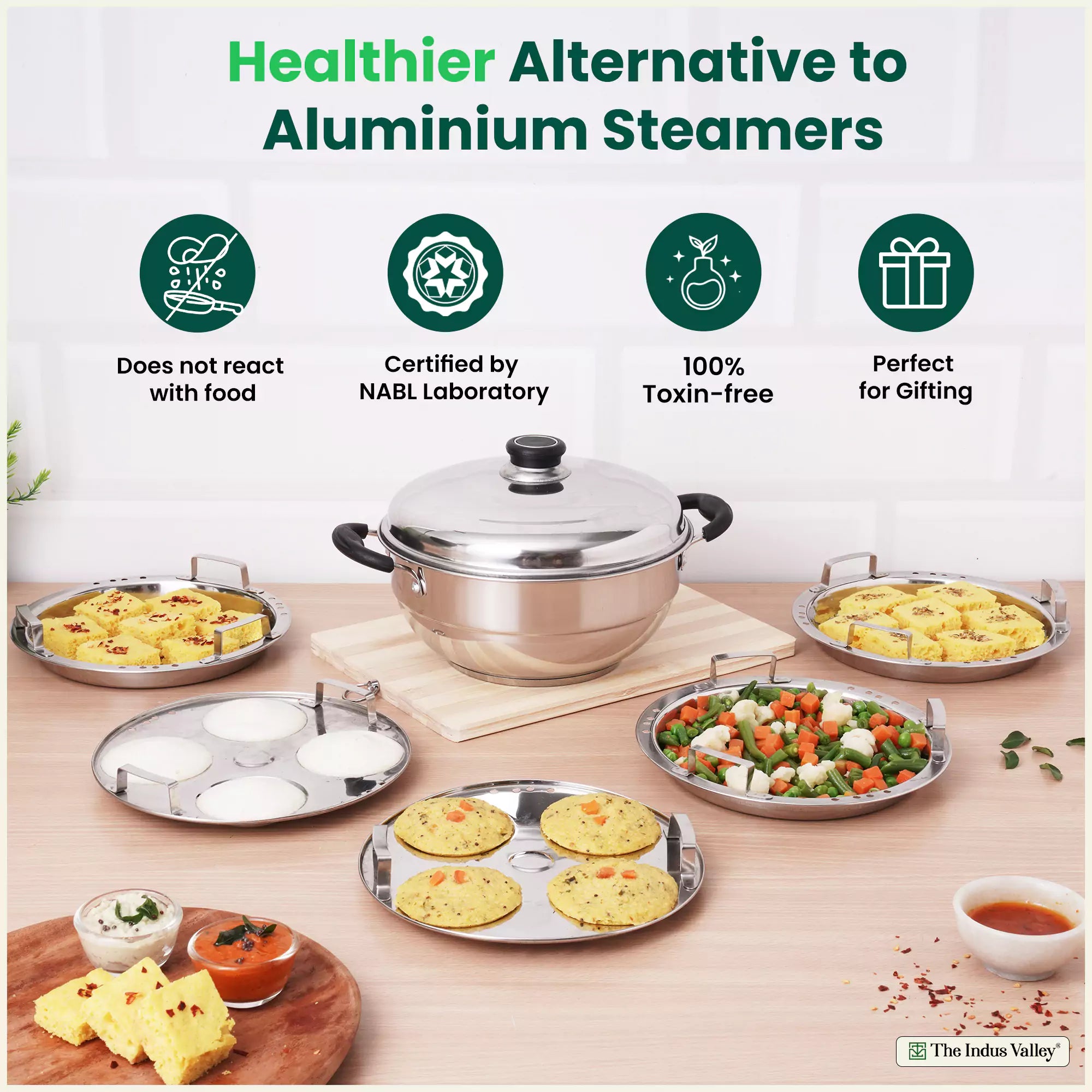 8 Pit Tri-Steel Multi Pot 3L Premium Stainless Steel Idli/ Dhokla/ Momo Maker/ Veg Steaming Set, Tri-ply Induction Bottom, 5 Plates