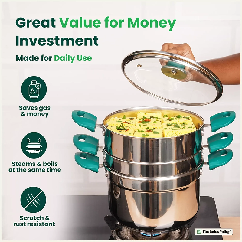 Tri-steel Multi Cooker Pot 21 cm Premium Stainless Steel Momo Maker/ Idiyappam/ Biryani/ Veg Steaming Set 3 Pots, Induction & Gas