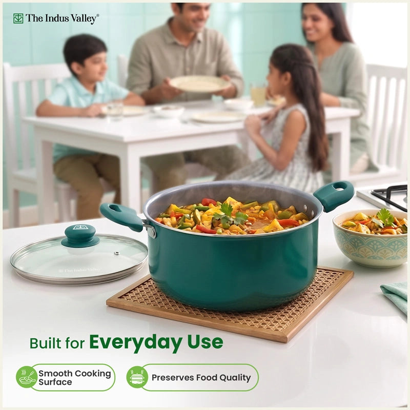 Tri-ply Ceramic Tall Casserole with Glass Lid -24cm, Ceramic Coating, 100% Toxin-Free, PFOA & PFAS Free, Non-Stick, Induction & Gas Compatible
