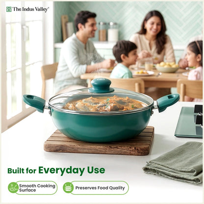 Tri-ply Ceramic  Kadai with Glass Lid -24cm, Ceramic Coating, 100% Toxin-Free, PFOA & PFAS Free, Non-Stick, Induction & Gas Compatible