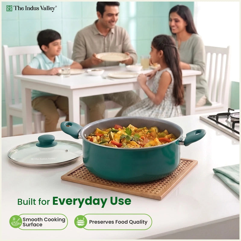 Tri-ply Ceramic Short Casserole with Glass Lid -24cm, Ceramic Coating, 100% Toxin-Free, PFOA & PFAS Free, Non-Stick, Induction & Gas Compatible
