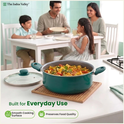 Tri-ply Ceramic Short Casserole with Glass Lid -24cm, Ceramic Coating, 100% Toxin-Free, PFOA & PFAS Free, Non-Stick, Induction & Gas Compatible