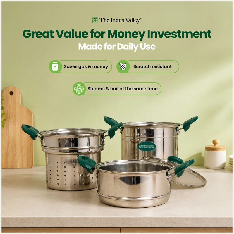 5L Premium Stainless Steel Multi-Purpose Steamer Pot Set for Idli, Momos, Dhokla, Vegetables & Steam Cooking