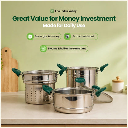 5L Premium Stainless Steel Multi-Purpose Steamer Pot Set for Idli, Momos, Dhokla, Vegetables & Steam Cooking