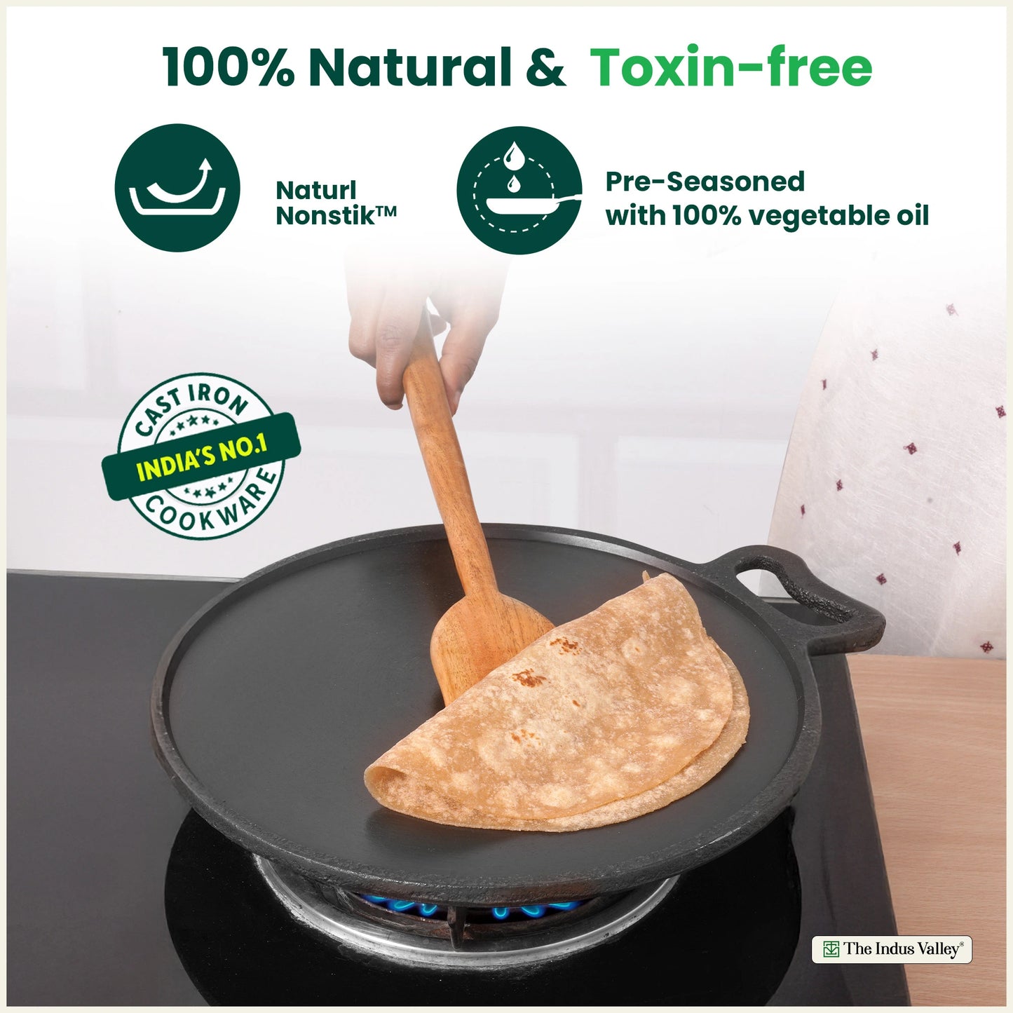 Super Smooth Cast Iron Tawa,Pre-seasoned, Nonstick, 100% Pure, Toxin-free, Free ₹110 Spatula, 26.7cm/30.2cm, 2.15kg/2.3kg