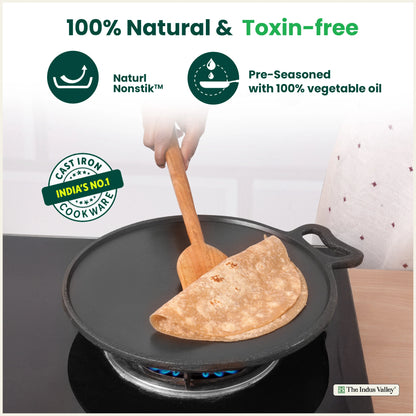 Super Smooth Cast Iron Tawa,Pre-seasoned, Nonstick, 100% Pure, Toxin-free, Free ₹110 Spatula, 26.7cm/30.2cm, 2.15kg/2.3kg