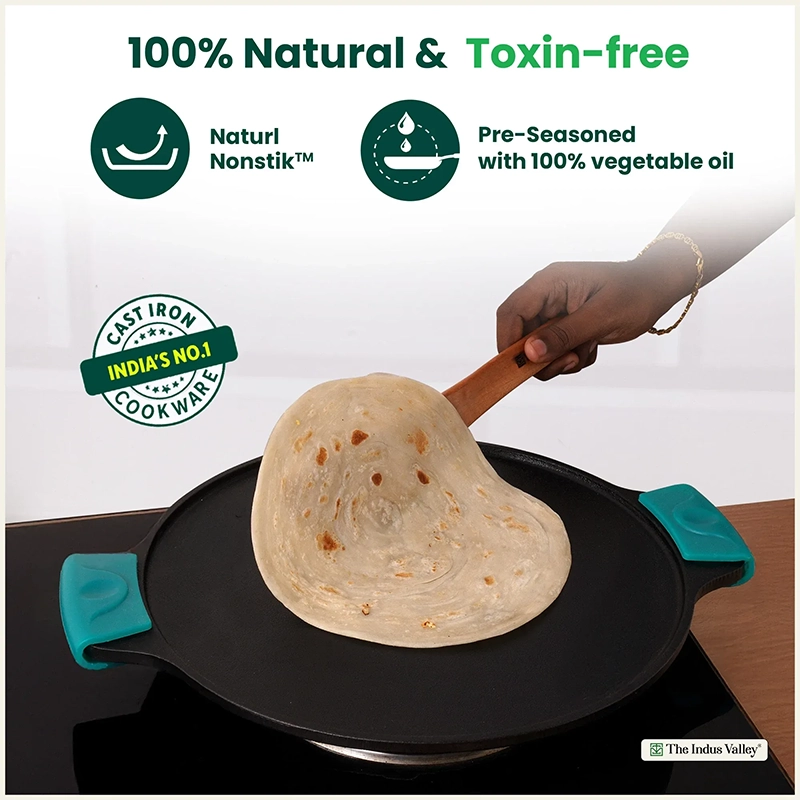 CASTrong Cast Iron Double Handle Tawa 30.2 cm with Silicon Handle, Pre-seasoned, Naturally Nonstick, 100% Pure, Toxin-free, Dosa Tawa for Kitchen Use 2.4 kg, Induction and Gas