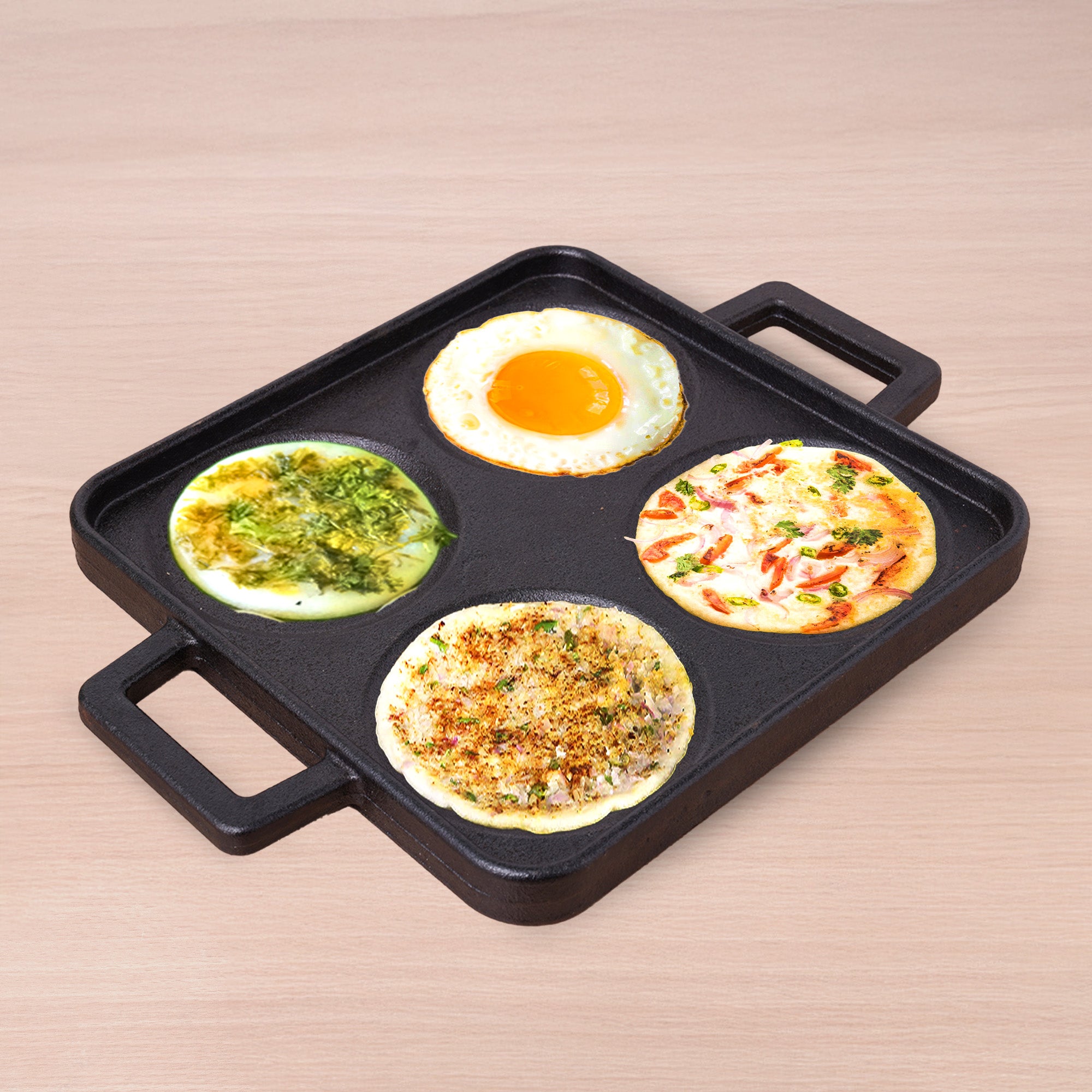 4 Pit CASTrong Cast Iron Uttapam/ Set Dosa Tawa 24cm,Pre-seasoned, Toxin-free