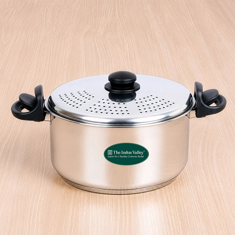 Premium Stainless Steel Rice Pot with Strainer Lid & Lock free Bakelite Handles 2.5/3.5L/5L, Tri-ply 3-Layer Heavy Bottom | Noodle/Pasta/Corn/Soya/Veggies Boiler Pot, Steamer Cooker, Induction & Gas