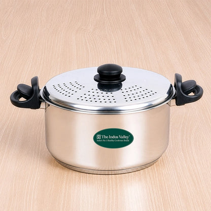 Premium Stainless Steel Rice Pot with Strainer Lid & Lock free Bakelite Handles 2.5/3.5L/5L, Tri-ply 3-Layer Heavy Bottom | Noodle/Pasta/Corn/Soya/Veggies Boiler Pot, Steamer Cooker, Induction & Gas