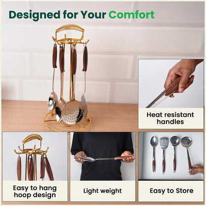 Premium Stainless Steel Ladle Set with Woody Handle – Set of 4 | Solid Spoon, Slotted Turner, Skimmer & Ladle | Heat-Resistant, 100% Food-Safe, Rust-Free, Easy to Clean