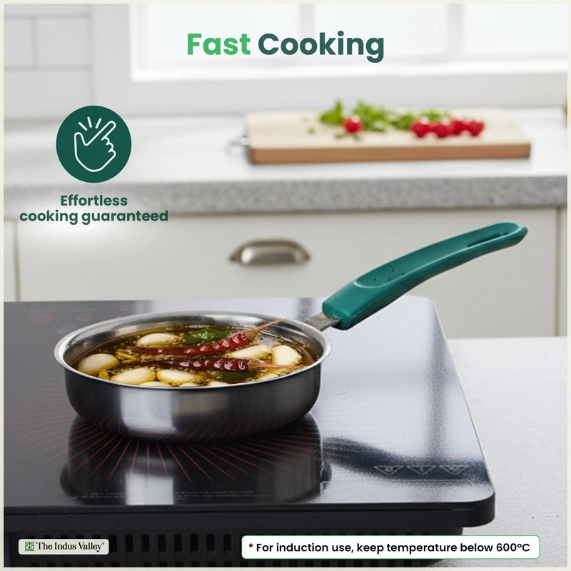 Tri-Steel Stainless Steel Tadka Pan 13 cm, Premium Quality, Tri-ply Bottom, Soft-touch Handle, 100% Toxin-free, Non-stick, Induction & Gas