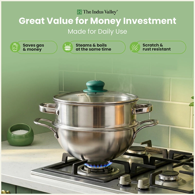 Triply Stainless Steel Deep Kadai & Steamer with Glass Lid -20cm Premium Quality, 3 Layer Thick Body, 100% Toxin-free, Non-stick, Induction & Gas