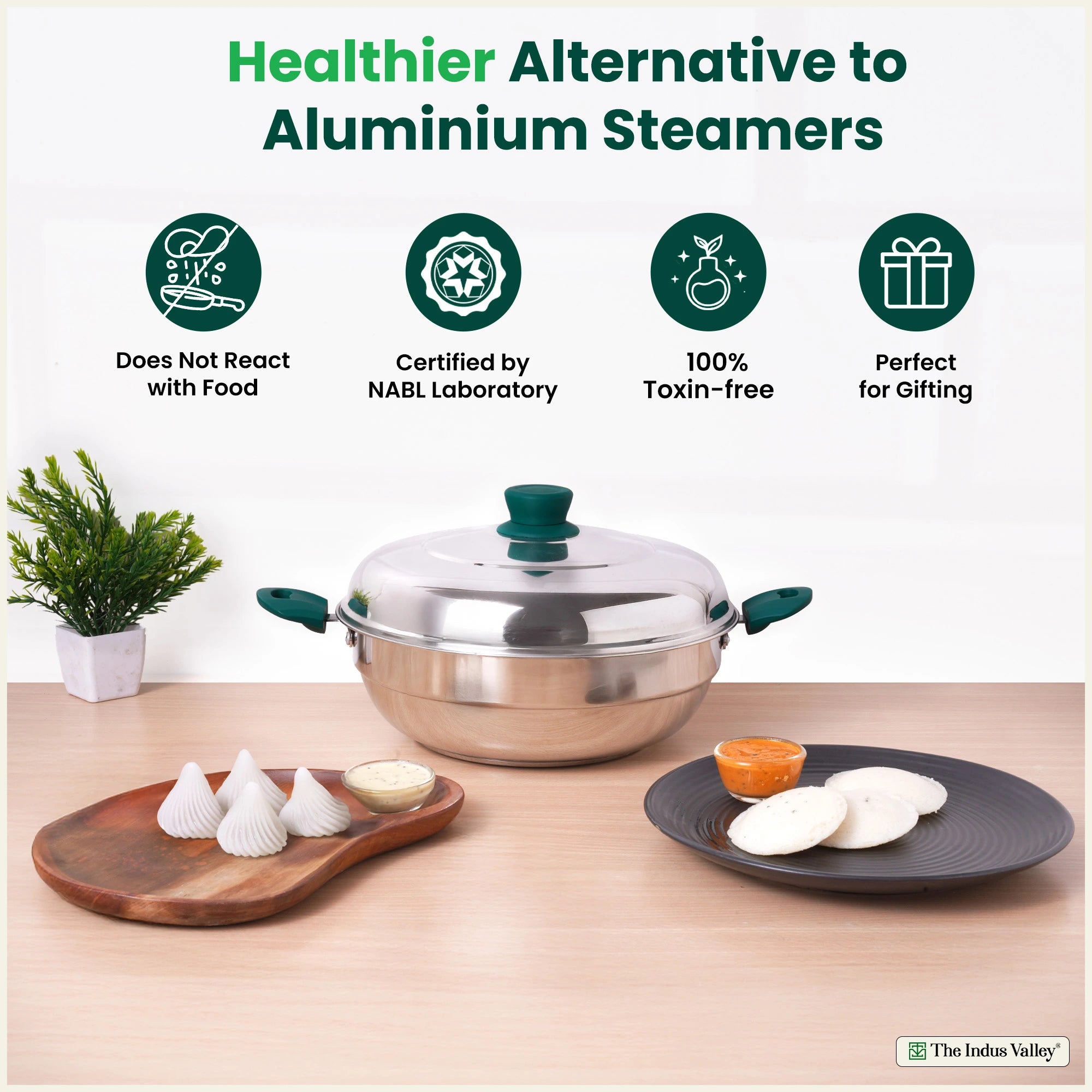 14 Pit Tri-Steel Multi Pot Premium Stainless Steel 27cm Idli/ Momo Maker/ Veg Steaming Set, Tri-ply Induction Bottom, 2 Plates