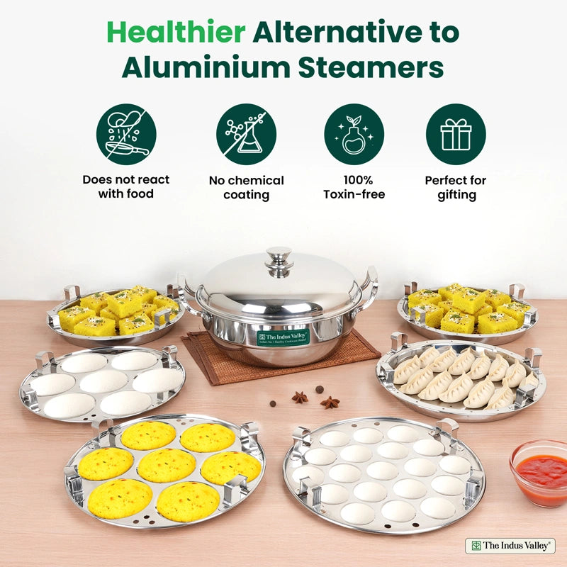 14 Pit Premium Tri-ply Stainless Steel multipot with 1 mini idli plate, Idli/ Momo Maker/ Veg Steaming Set, Tri-ply Induction and gas friendly, 6 Plates