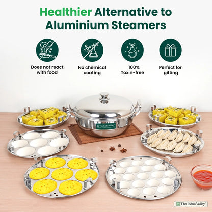14 Pit Premium Tri-ply Stainless Steel multipot with 1 mini idli plate, Idli/ Momo Maker/ Veg Steaming Set, Tri-ply Induction and gas friendly, 6 Plates