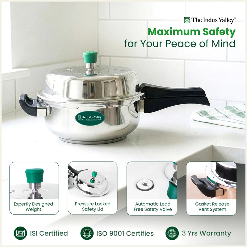 Premium Stainless Steel Outer Lid Pressure Pan 3/5L, Premium Quality, 3 Layer Heavy Bottom, 100% Food-safe, ISI Certified, 3 Yr Warranty, Induction & Gas