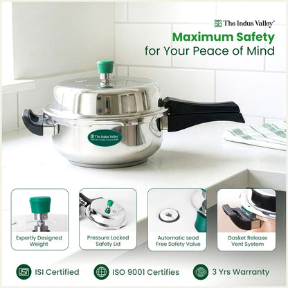 Premium Stainless Steel Outer Lid Pressure Pan 3/5L, Premium Quality, 3 Layer Heavy Bottom, 100% Food-safe, ISI Certified, 3 Yr Warranty, Induction & Gas