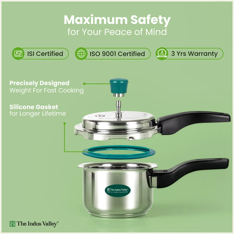 Premium Stainless Steel  Narrow Pressure Cooker – 1.5 Ltr, Heavy Bottom, 100% Safe, ISI Certified, 3 Yr Warranty, Induction & Gas