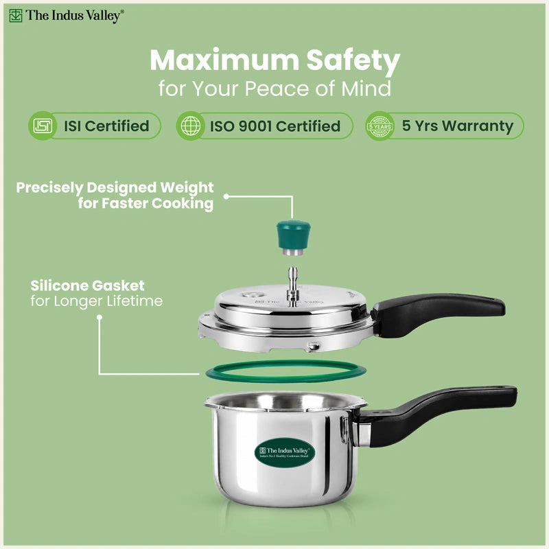 Premium Tri-ply Stainless Steel Narrow Pressure Cooker 1.5L, 100% Food-Safe, 3 Layer Thick Body, Heavy Bottom, 5 Yr Warranty, Induction & Gas