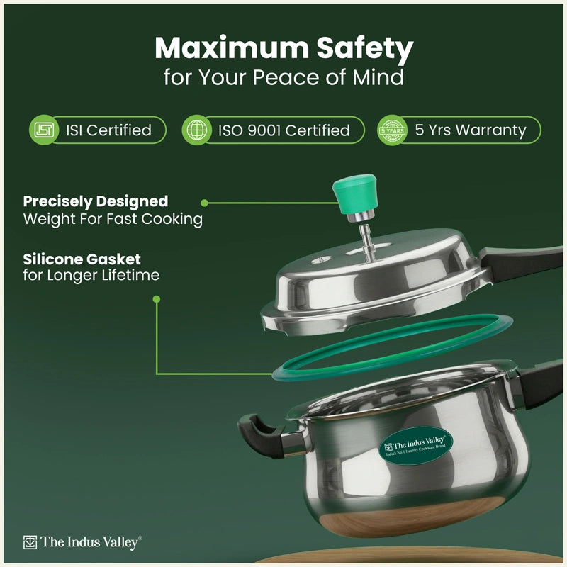 Tri-Ply Stainless Steel Outer Lid Handi Pressure Cooker 1.5L/3L /5.5L, 100% Food-Safe, 3 Layer Thick Body, Heavy Bottom, 5 Yr Warranty, Induction & Gas
