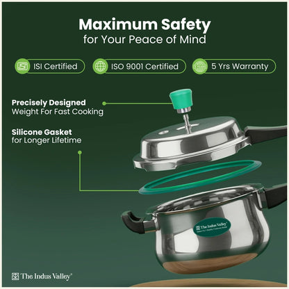 Tri-Ply Stainless Steel Outer Lid Handi Pressure Cooker 5.5L, 100% Food-Safe, 3 Layer Thick Body, Heavy Bottom, 5 Yr Warranty, Induction & Gas
