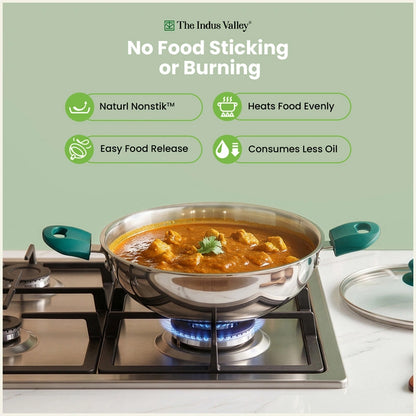 Premium Tri-ply Cookware Set: Kadai with Glass Lid(20cm)+Saucepan(14cm)+ Frypan(18cm)with Glass Lid, Tri-ply (3 Layer) Bottom, Induction & Gas