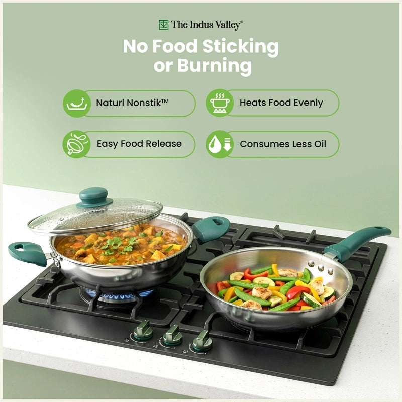 Premium Tri-ply Cookware Set: Kadai with Glass Lid(22cm)+ Frypan(22cm), Tri-ply (3 Layer) Bottom, Induction & Gas