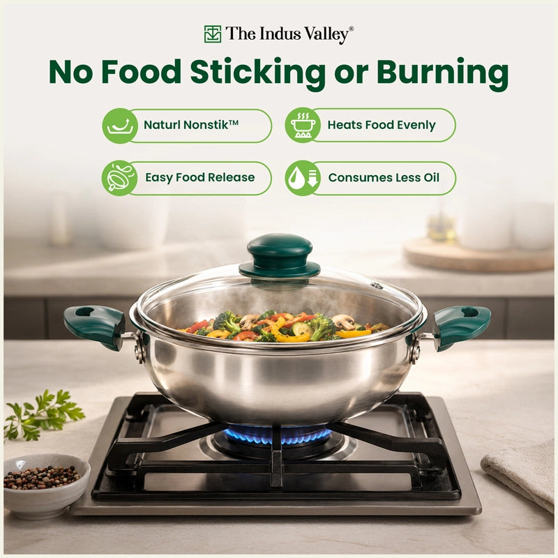 Premium Tri-ply Cookware Set: Kadai with Glass Lid(20cm)+Saucepan(14cm)+ Frypan(18cm)with Glass Lid, Tri-ply (3 Layer) Bottom, Induction & Gas