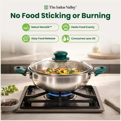 Premium Tri-ply Cookware Set: Kadai with Glass Lid(20cm)+Saucepan(14cm)+ Frypan(18cm), Tri-ply (3 Layer) Bottom, Induction & Gas