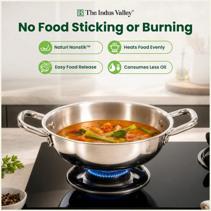 Tri-ply Stainless Steel Cookware Set: 20cm Kadai + 20cm Fry Pan + 14cm Sauce pan, Premium Quality, 3 Layer Thick Body, 100% Toxin-free, Non-stick, Induction & Gas
