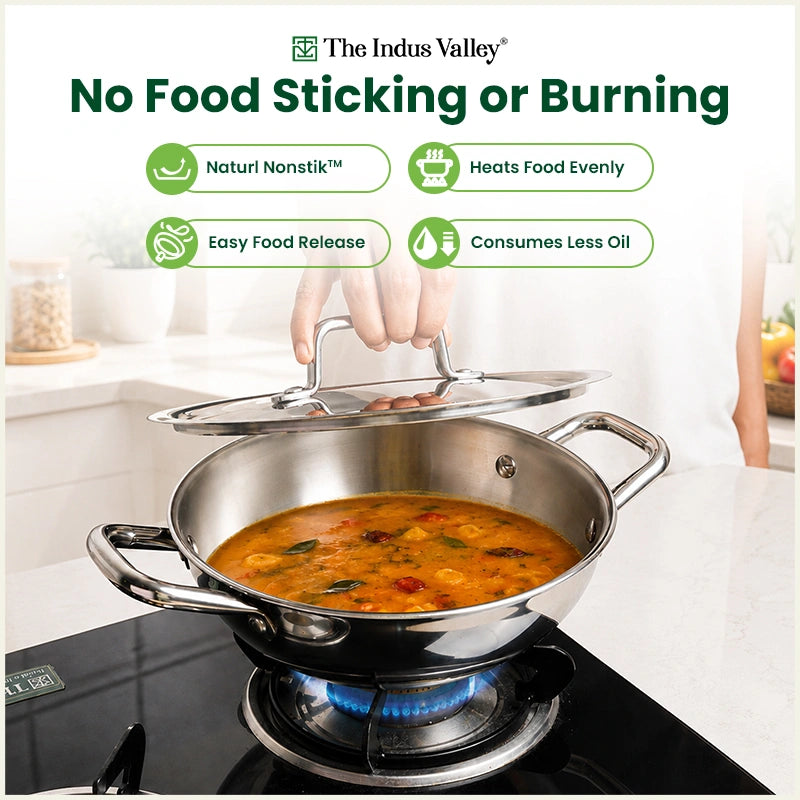 Tri-ply Stainless Steel Cookware Set: Kadai with SS lid -22cm + Frypan - 22cm, Premium Quality, 3 Layer Thick Body, 100% Toxin-free, Non-stick, Induction & Gas