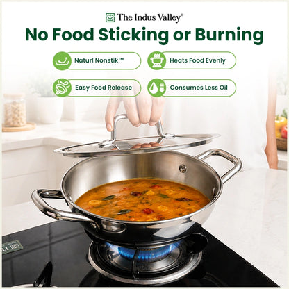 Tri-ply Stainless Steel Cookware Set: Kadai with SS lid -22cm + Frypan - 22cm, Premium Quality, 3 Layer Thick Body, 100% Toxin-free, Non-stick, Induction & Gas
