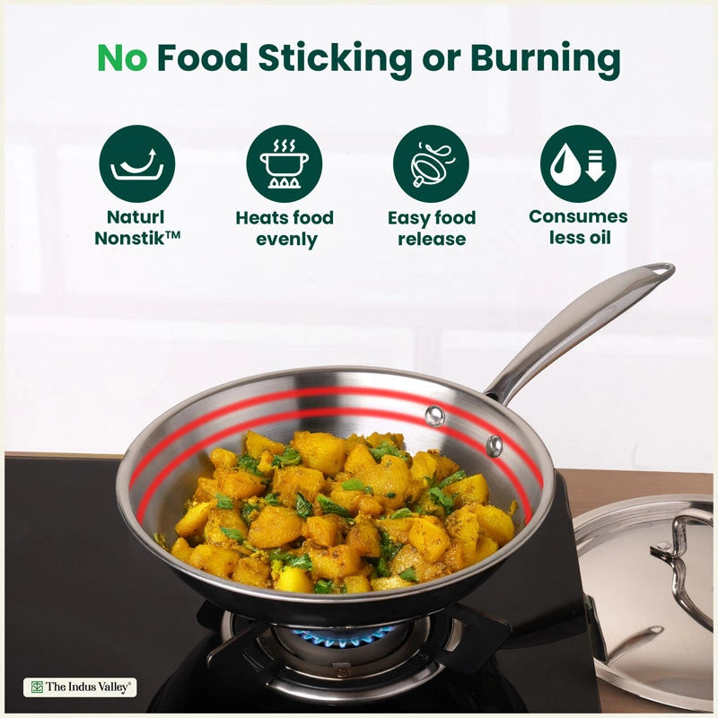 Premium Quality Tri-ply Stainless Steel Fry Pan with Lid 1/1.5 L, 3 Layer Thick Body, 100% Toxin-free, Non-stick, Induction & Gas