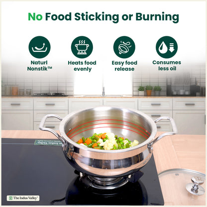 TurboCuk Tri-ply Biryani Cooking Pot/Casserole+ Glass Lid 2L, Wide Handi Shape, Premium Quality, 3 Layer Thick Body, 100% Toxin-free, Non-stick, Induction & Gas