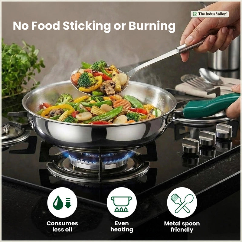 Premium Stainless Steel Impact Bonded Cookware Set: Kadai with Glass Lid(22cm)+Saucepan(16cm)+ Frypan(22cm)with Glass Lid, Tri-ply (3 Layer) Bottom, Induction & Gas