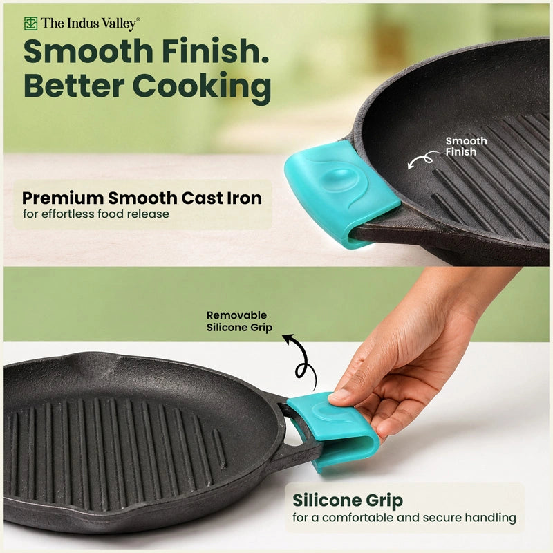 CASTrong Cast Iron Round Double Handle Grill Pan 22cm with Silicone Grip, Pre-seasoned, 100% Pure, Toxin-free, Induction & Gas Compatible
