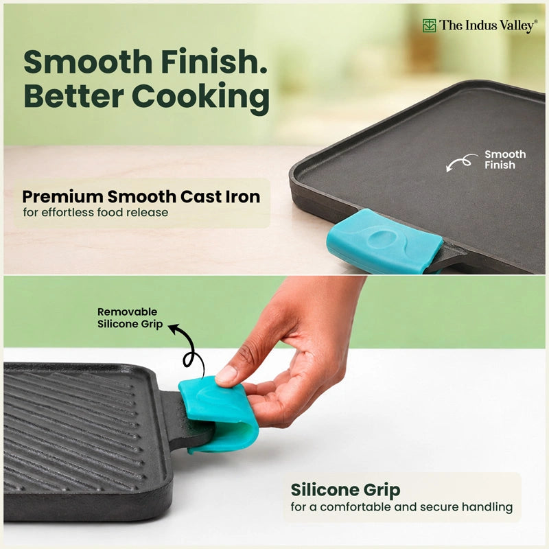 CASTrong Cast Iron Square Griddle / Grill Pan 10.5 Inch with Silicone Grip, Pre-seasoned, 100% Pure, Toxin-free, Induction Compatible